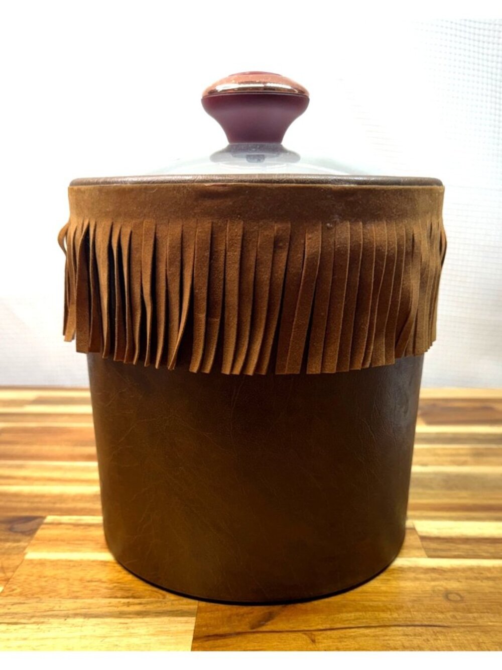 RARE!!  Vintage Western-Style Faux Leather Ice Bucket with Suede Fringe - Picture 7 of 14
